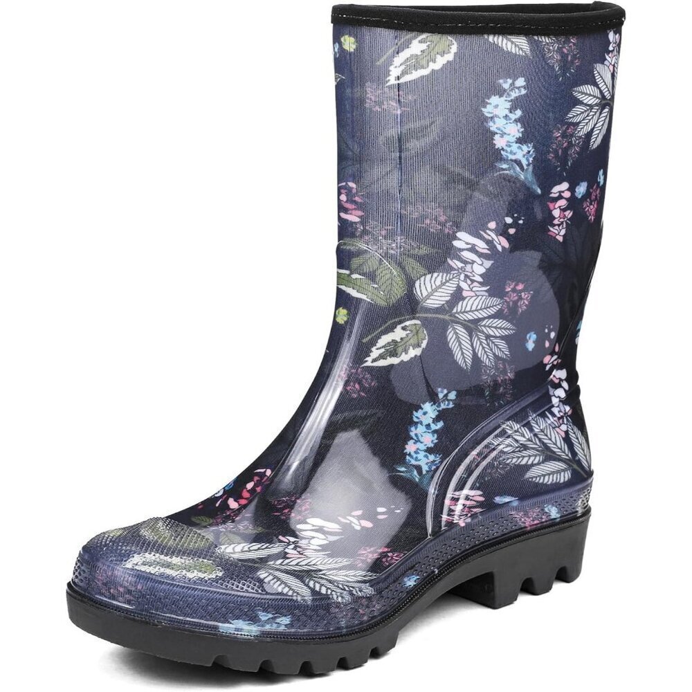 Women's Blue Flower Lightweight Rubber Fashion Wide Calf Waterproof Rain Boots